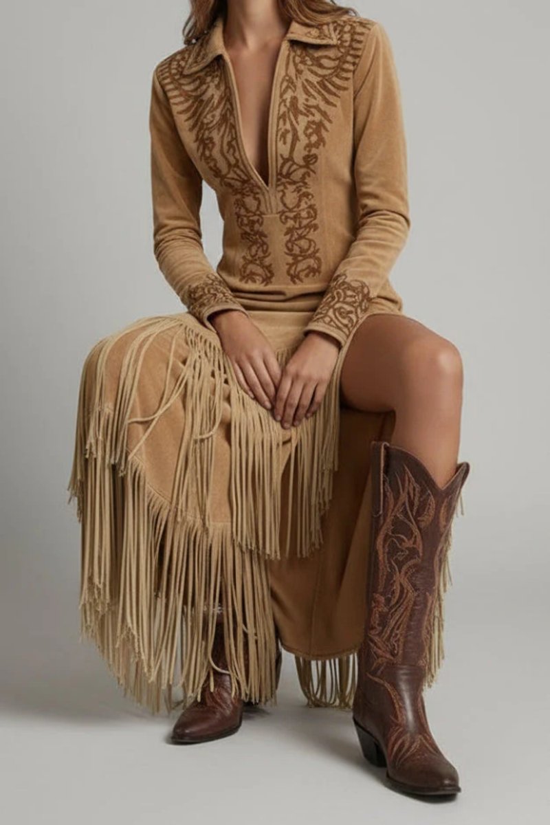 Embroidered V-Neck Maxi Dress with Tassel Hem