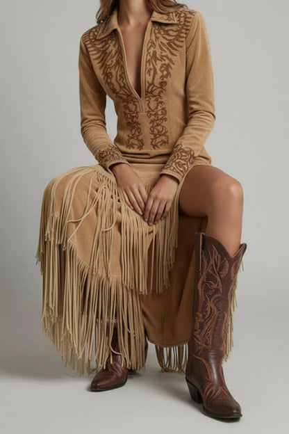 Embroidered V-Neck Maxi Dress with Tassel Hem