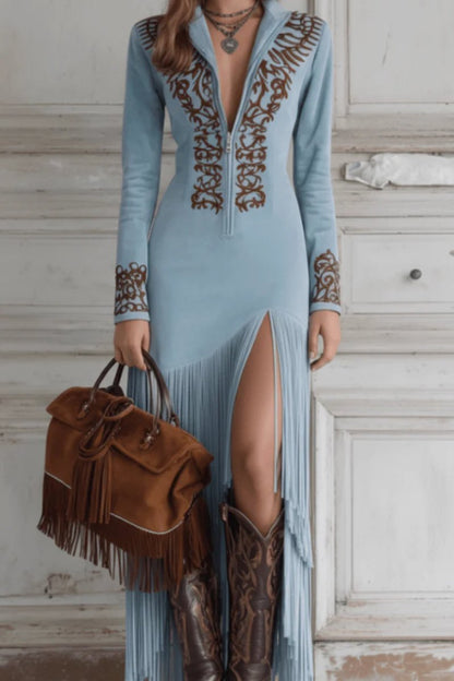 Embroidered V-Neck Maxi Dress with Tassel Hem
