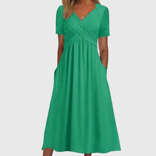 A-Line Wrap Midi Dress with V-Neckline