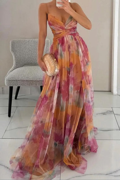 Floral Print Cross-Waist A-Line Maxi Dress