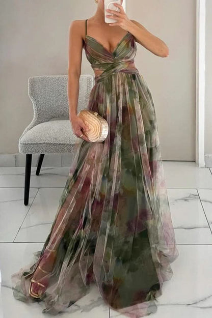 Floral Print Cross-Waist A-Line Maxi Dress