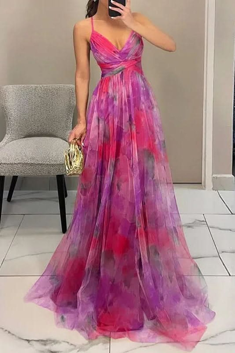 Floral Print Cross-Waist A-Line Maxi Dress