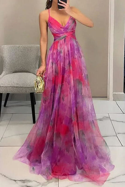 Floral Print Cross-Waist A-Line Maxi Dress