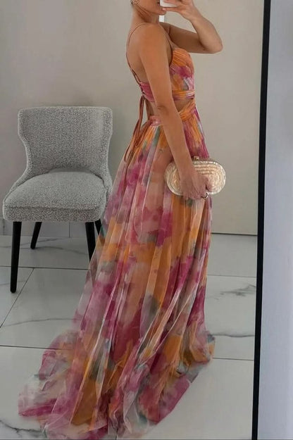 Floral Print Cross-Waist A-Line Maxi Dress