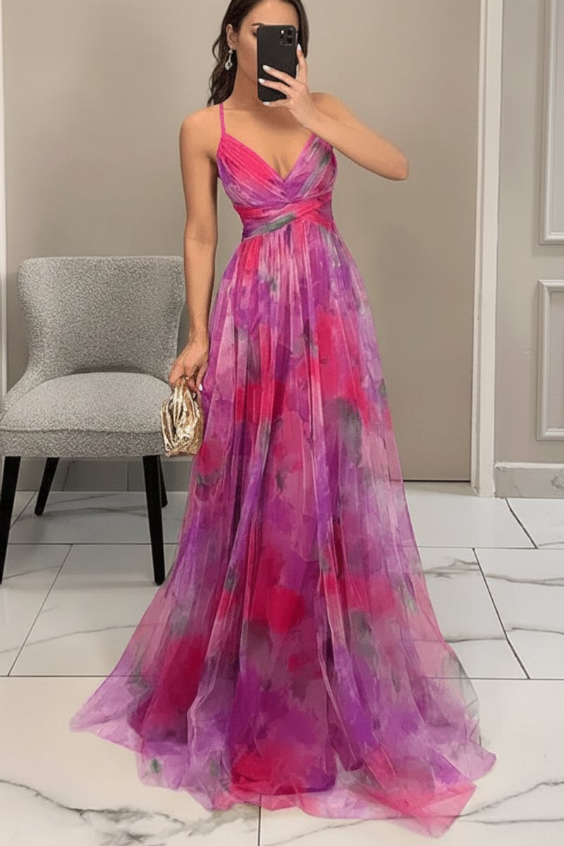Floral Print Cross-Waist A-Line Maxi Dress
