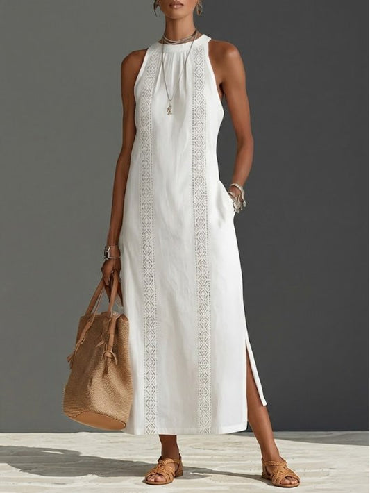 Women's Crew-Neck Sleeveless Embroidered Midi Dress