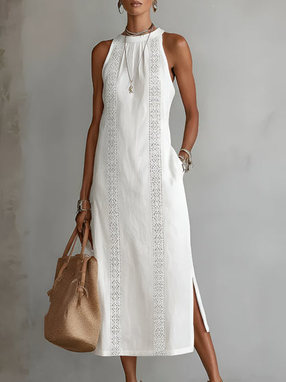 Women's Crew-Neck Sleeveless Embroidered Midi Dress