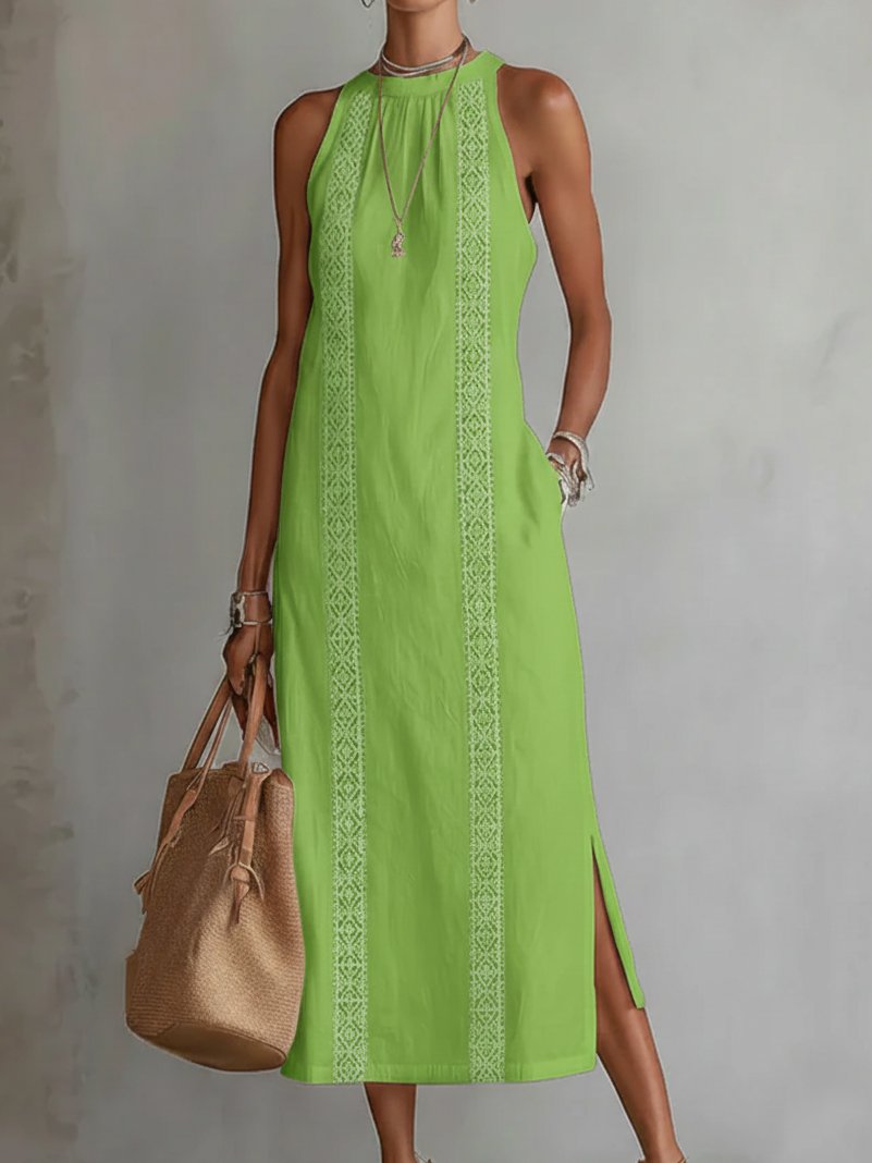 Women's Crew-Neck Sleeveless Embroidered Midi Dress