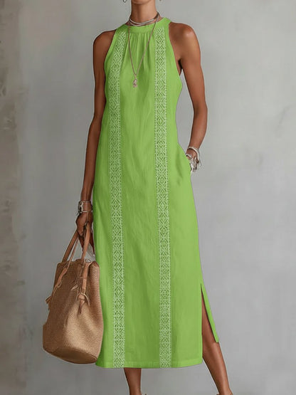Women's Crew-Neck Sleeveless Embroidered Midi Dress