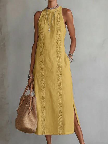 Women's Crew-Neck Sleeveless Embroidered Midi Dress