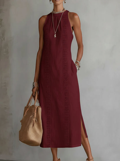 Women's Crew-Neck Sleeveless Embroidered Midi Dress