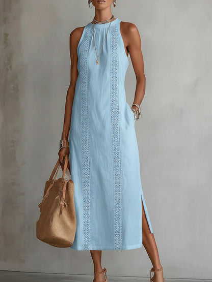 Women's Crew-Neck Sleeveless Embroidered Midi Dress