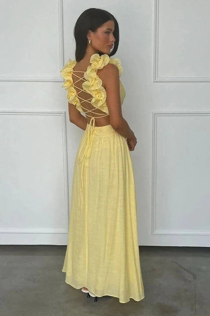 Floral Appliqué V-Neck Pleated Maxi Gown