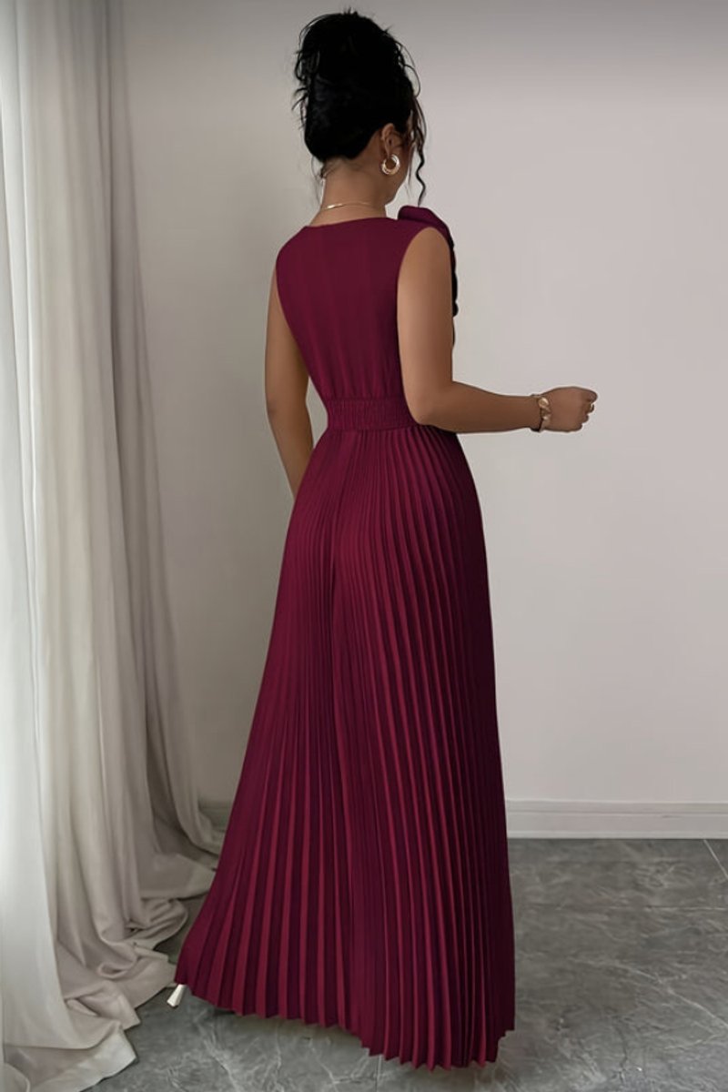 Floral Appliqué V-Neck Pleated Maxi Gown