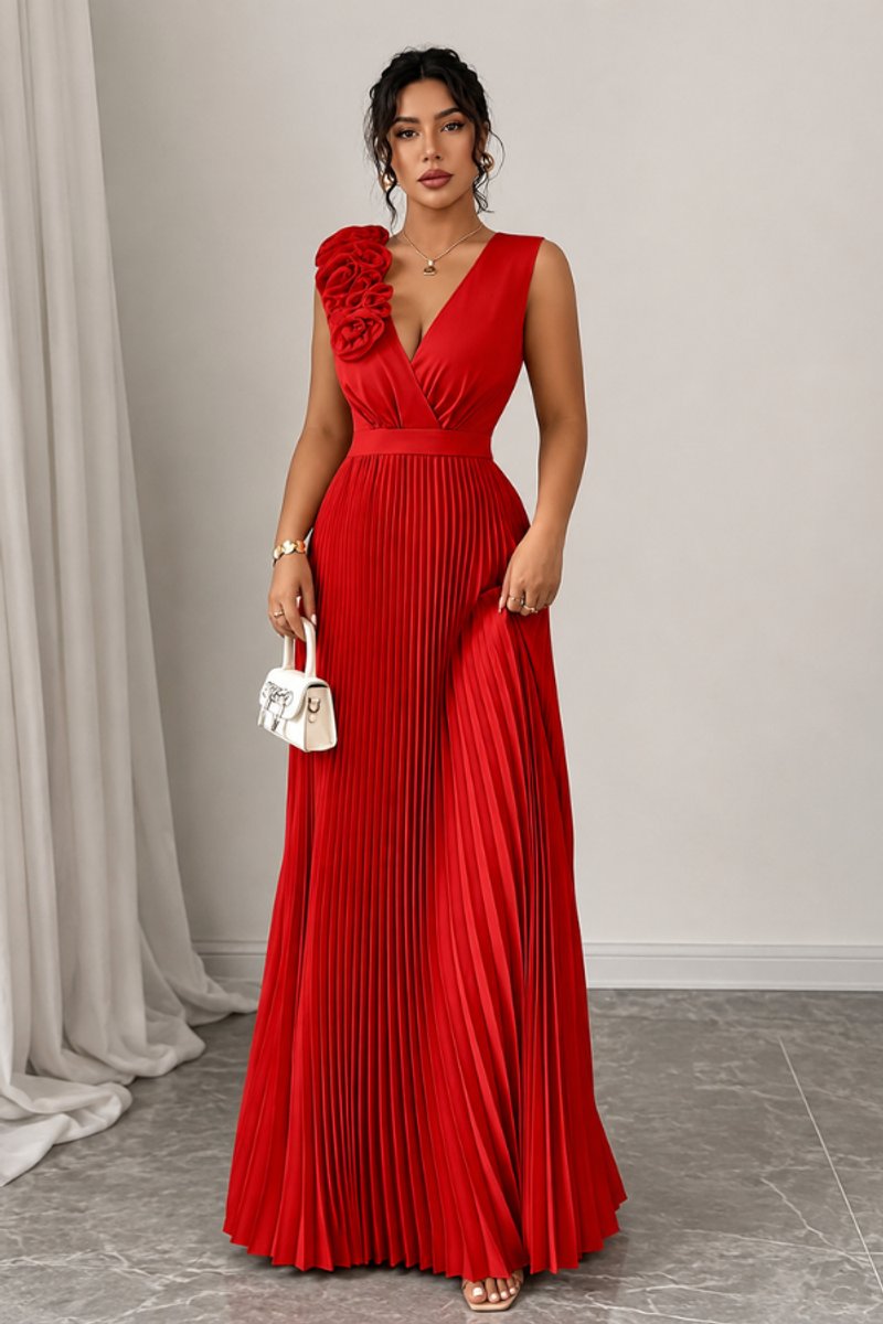 Floral Appliqué V-Neck Pleated Maxi Gown