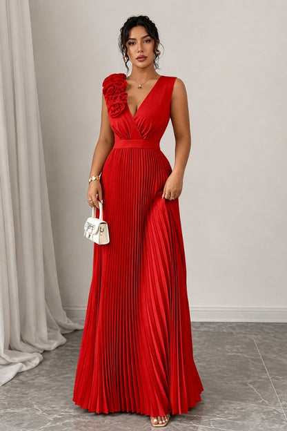 Floral Appliqué V-Neck Pleated Maxi Gown