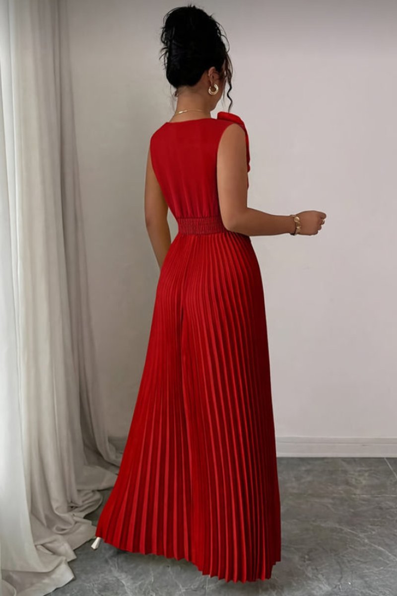 Floral Appliqué V-Neck Pleated Maxi Gown