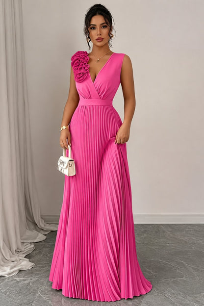 Floral Appliqué V-Neck Pleated Maxi Gown