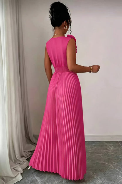 Floral Appliqué V-Neck Pleated Maxi Gown