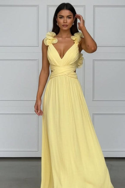 Floral Appliqué V-Neck Pleated Maxi Gown