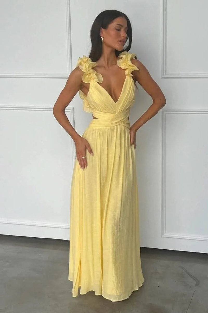 Floral Appliqué V-Neck Pleated Maxi Gown