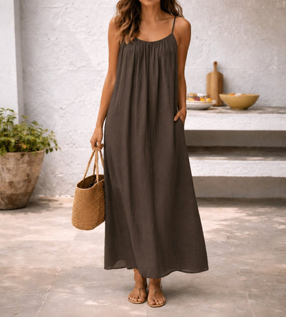 Linen Strappy Maxi Dress with Pockets