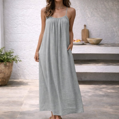 Linen Strappy Maxi Dress with Pockets