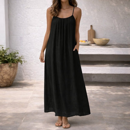 Linen Strappy Maxi Dress with Pockets