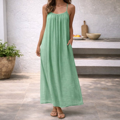 Linen Strappy Maxi Dress with Pockets
