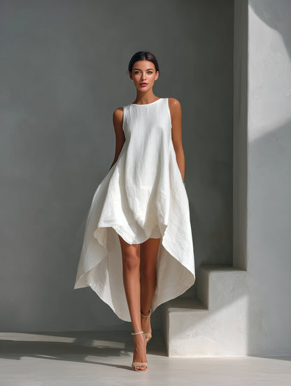 Relaxed Sleeveless Midi Dress with Asymmetrical Hem