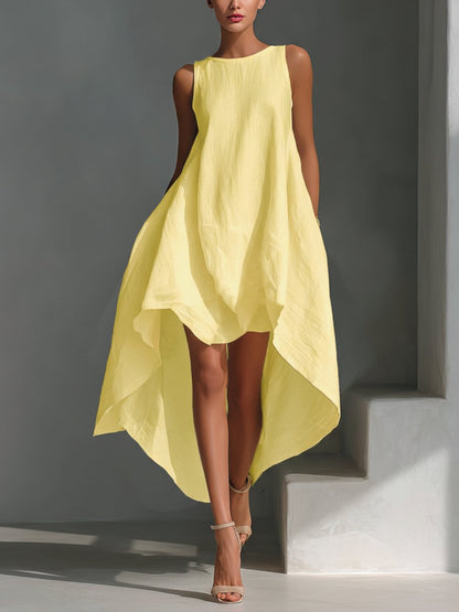 Relaxed Sleeveless Midi Dress with Asymmetrical Hem