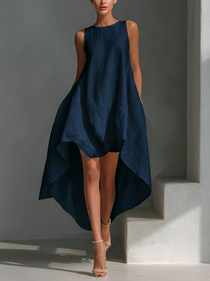 Relaxed Sleeveless Midi Dress with Asymmetrical Hem