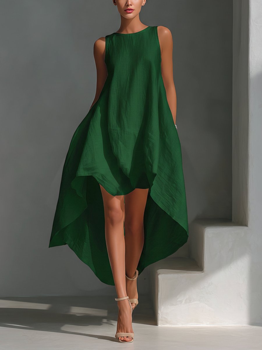 Relaxed Sleeveless Midi Dress with Asymmetrical Hem