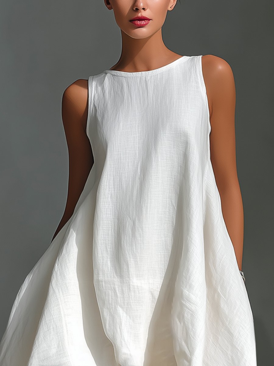 Relaxed Sleeveless Midi Dress with Asymmetrical Hem