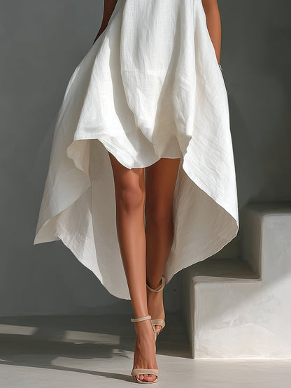 Relaxed Sleeveless Midi Dress with Asymmetrical Hem