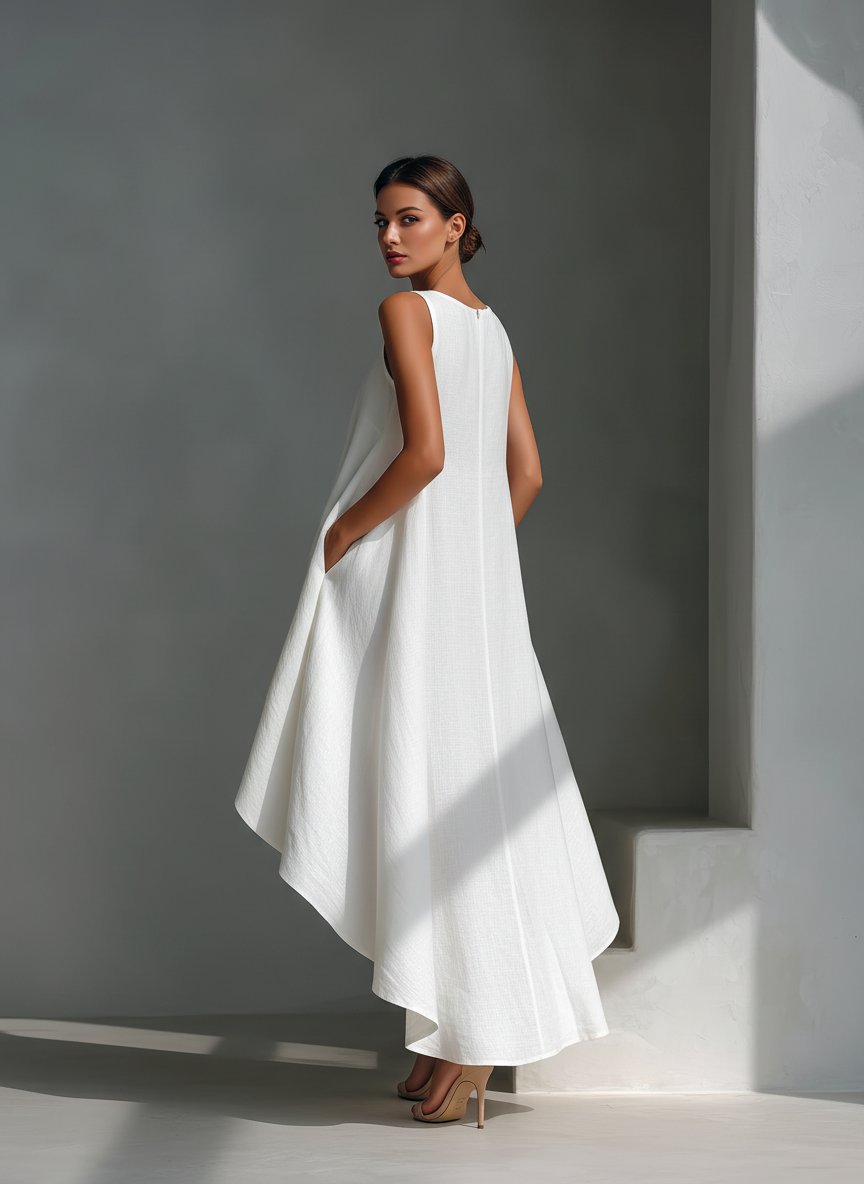 Relaxed Sleeveless Midi Dress with Asymmetrical Hem