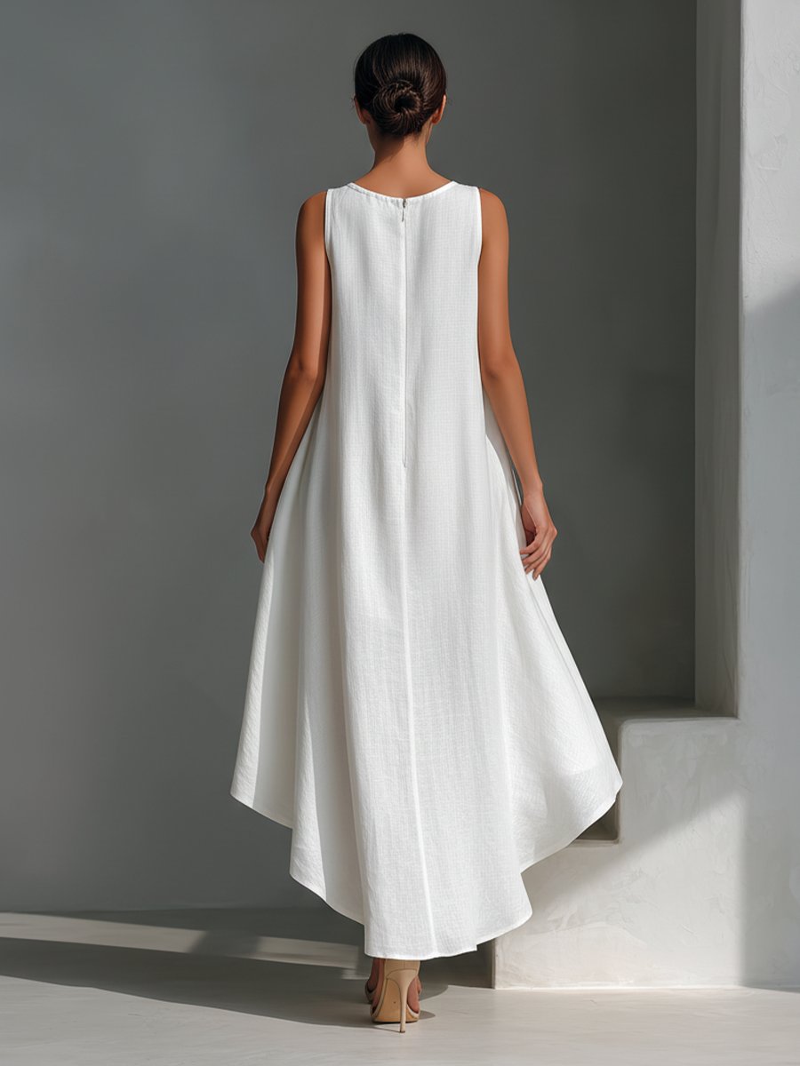 Relaxed Sleeveless Midi Dress with Asymmetrical Hem