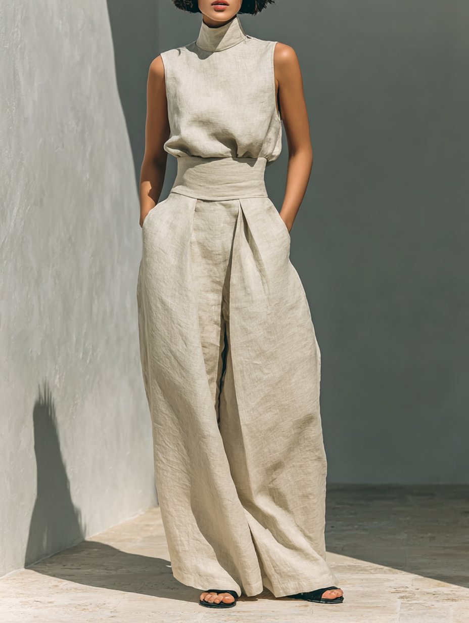 High-Neck Sleeveless Cotton-Linen Top and Wide-Leg Pants Set