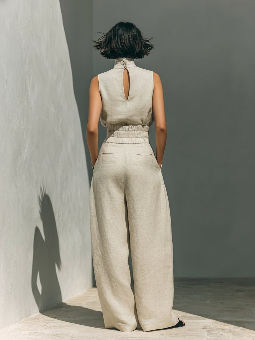 High-Neck Sleeveless Cotton-Linen Top and Wide-Leg Pants Set