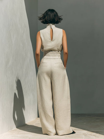 High-Neck Sleeveless Cotton-Linen Top and Wide-Leg Pants Set