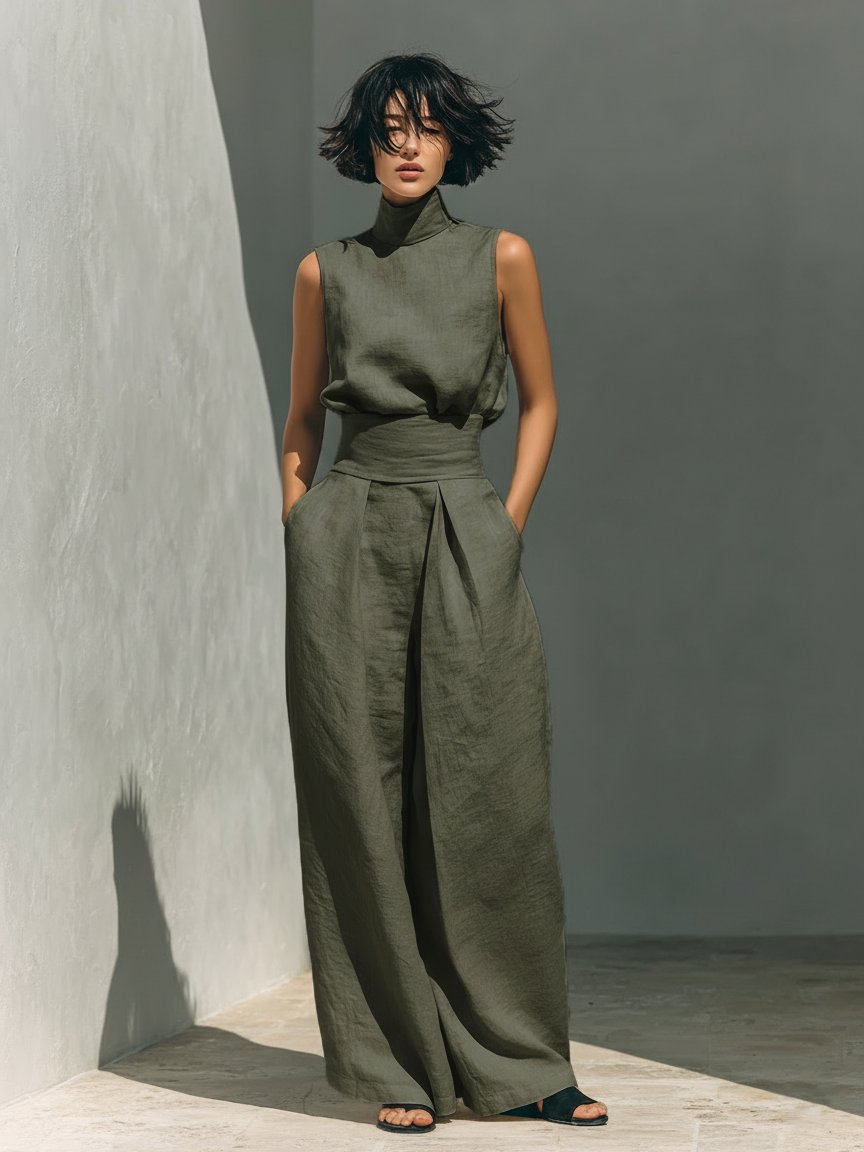 High-Neck Sleeveless Cotton-Linen Top and Wide-Leg Pants Set