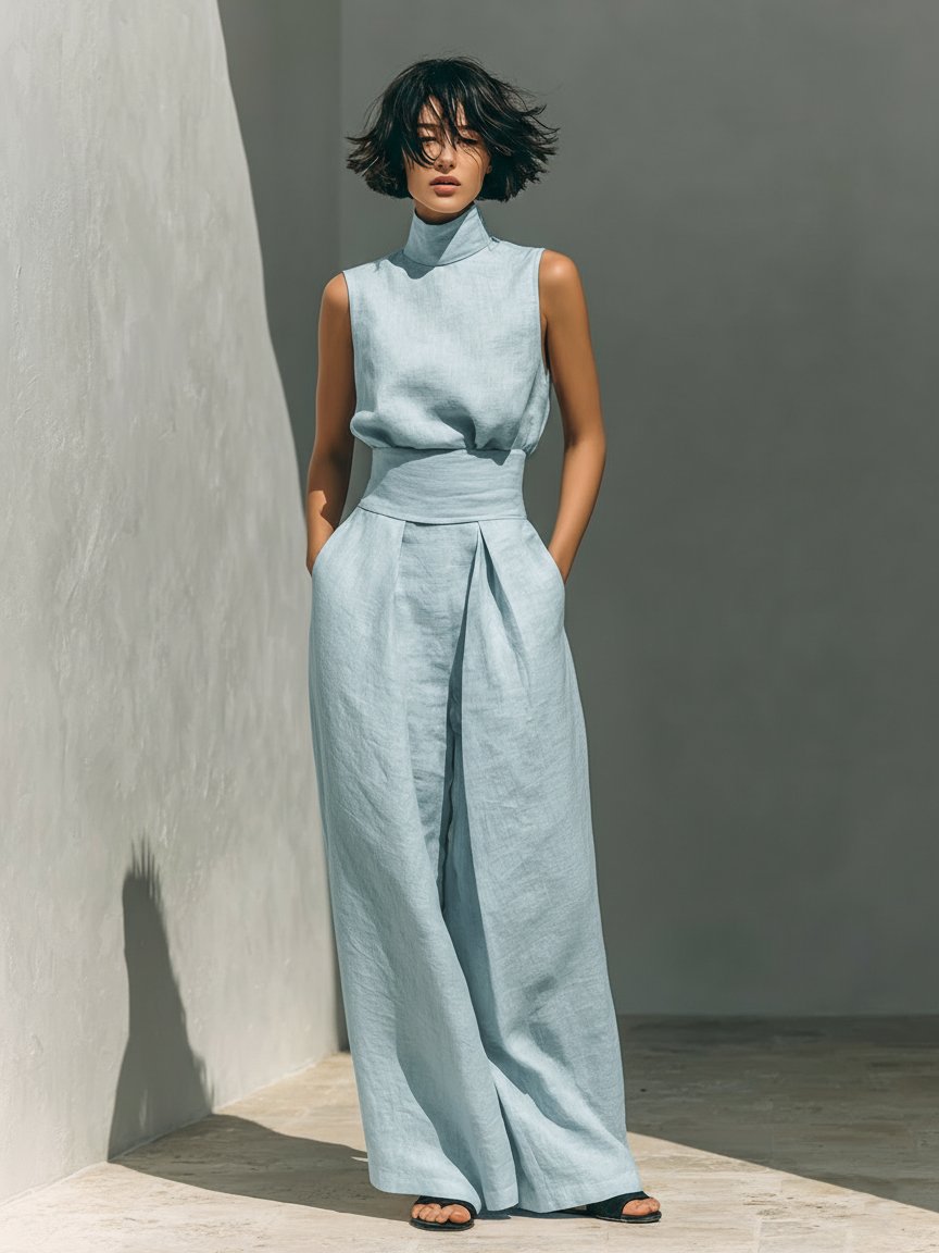 High-Neck Sleeveless Cotton-Linen Top and Wide-Leg Pants Set