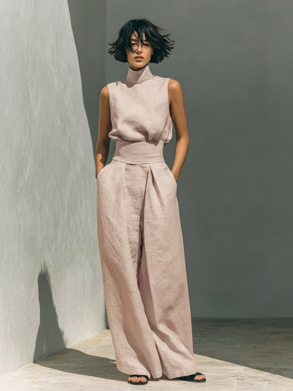 High-Neck Sleeveless Cotton-Linen Top and Wide-Leg Pants Set