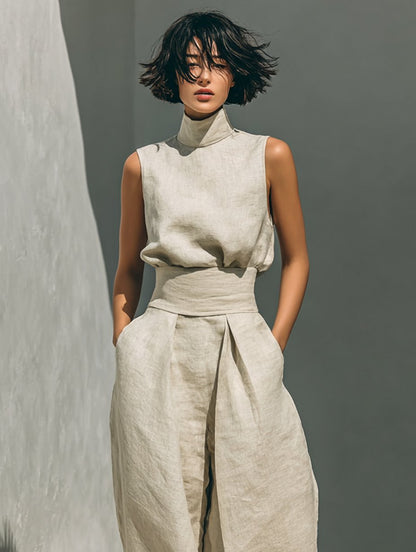 High-Neck Sleeveless Cotton-Linen Top and Wide-Leg Pants Set