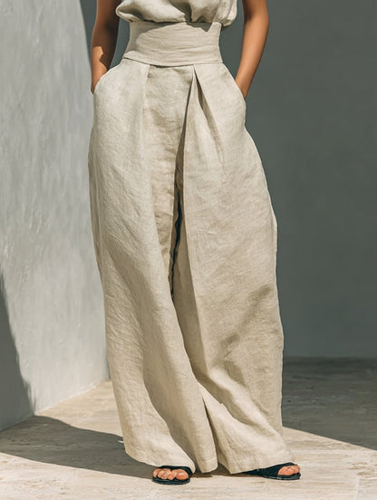 High-Neck Sleeveless Cotton-Linen Top and Wide-Leg Pants Set