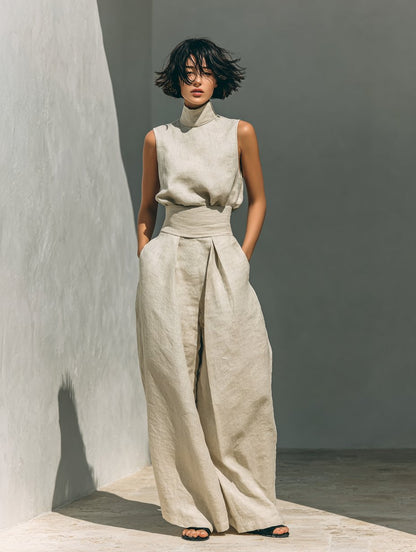 High-Neck Sleeveless Cotton-Linen Top and Wide-Leg Pants Set