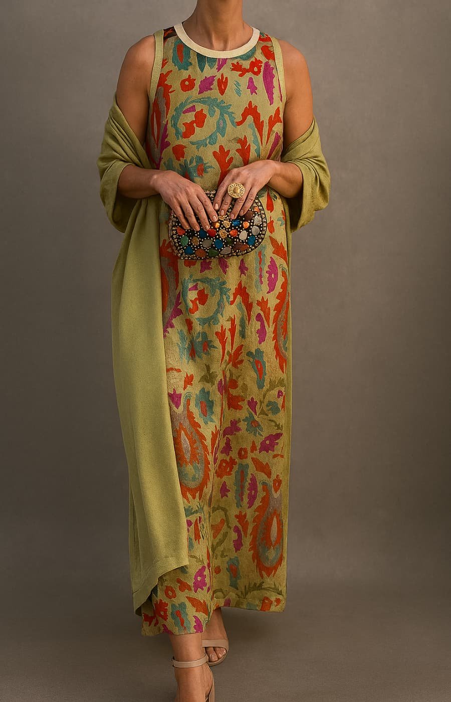Botanical Print Sleeveless Maxi Dress with Matching Scarf