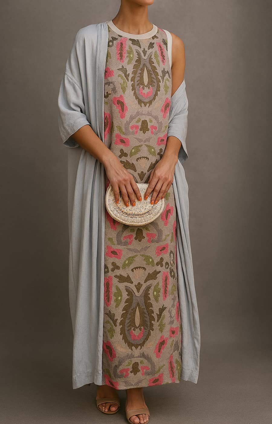 Botanical Print Sleeveless Maxi Dress with Matching Scarf