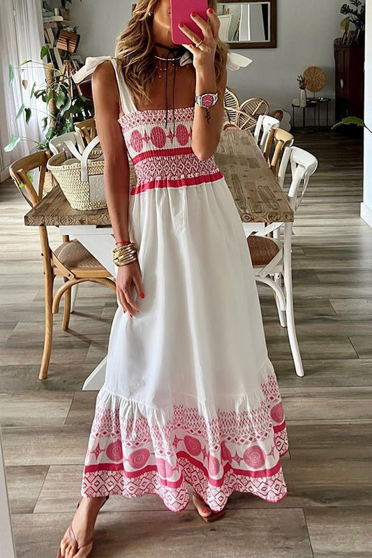 Smocked Square-Neck Bohemian Maxi Dress